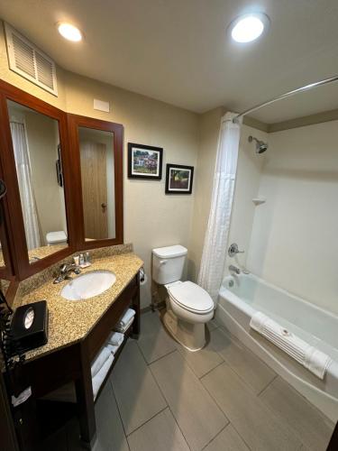 a bathroom with a toilet and a sink and a tub at Comfort Inn Wichita Falls North in Wichita Falls