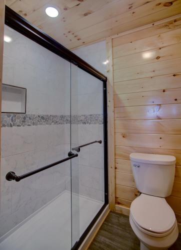 a bathroom with a toilet and a glass shower at Fuzzy's Den in Pigeon Forge