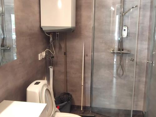 a bathroom with a shower and a toilet and a sink at 4 person holiday home in Sollerön-By Traum in Sollerön