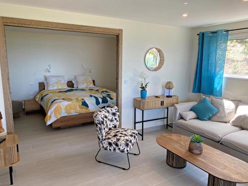 a bedroom with a bed and a couch at Appartement Happy View - Vue mer paradisiaque - Jacuzzi in Friar's Bay