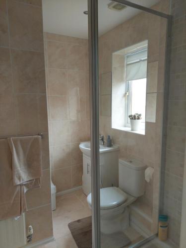 a bathroom with a toilet and a window and a shower at 210 Greenlea Court in Kirkheaton