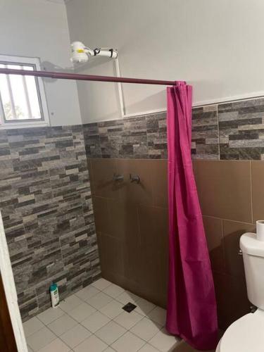 Alto BoqueteにあるCasa Familiar cerca a todoのバスルーム(ピンクのシャワーカーテン付きのシャワー付)