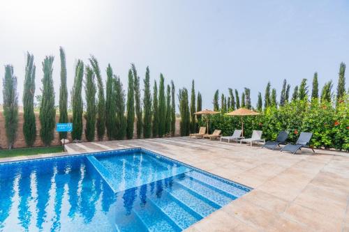 a swimming pool with chairs and umbrellas and trees at Maison Insa in Essaouira