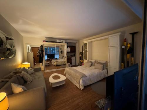 un salon avec un lit et un canapé dans l'établissement appartement Paris, à Paris