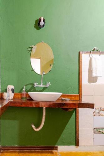 a bathroom with a sink and a mirror on a green wall at Casa Quereres - autenticidade e afeto in Brumadinho