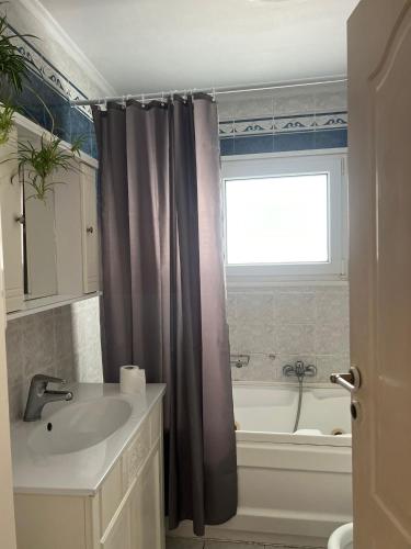 a bathroom with a sink and a shower curtain at LocArt room3 in Lefkada