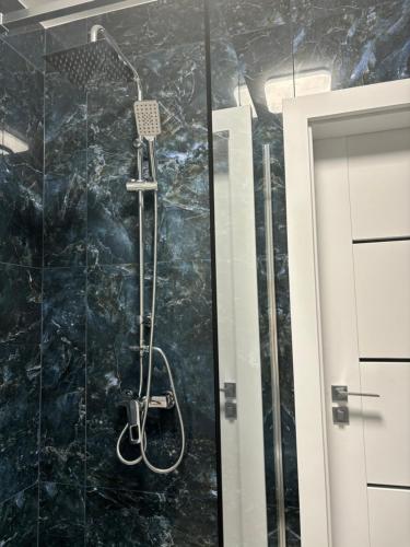 a shower in a bathroom with a black marble wall at Przystanek Skarpa in Olsztyn