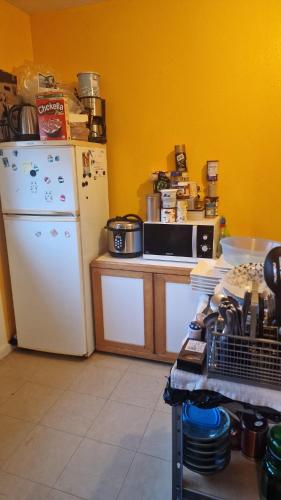 La cuisine est équipée d'un réfrigérateur blanc et d'un four micro-ondes. dans l'établissement Place Joice, à Nantes