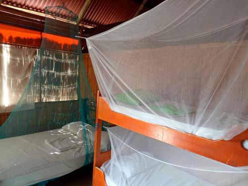 a bunk bed with a mosquito net on it at HOSTAL MIRADOR dentro del parque tayrona in El Zaino