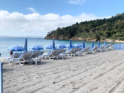 a row of chairs and umbrellas on a beach at Location au mois du 1er novembre au 28 mars 2026 Le Lavandou Pramousquier location uniquement du samedi au samedi en juillet août et septembre Villa Entière Plage Accès Direct et Piscine Collective ouverte du 1er mai au 30 septembre Clim Wifi in Rayol-Canadel-sur-Mer
