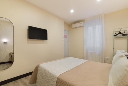 a bedroom with a bed and a television on the wall at Hostal Art Madrid in Madrid