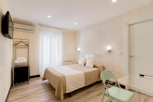 a bedroom with a bed and a chair and a television at Hostal Art Madrid in Madrid
