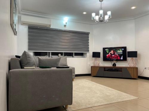 a living room with a couch and a flat screen tv at Tao Connexus in Abuja