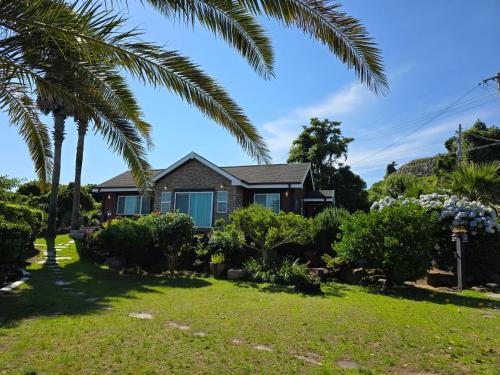a house with palm trees in front of it at gyulpang stay in Seogwipo
