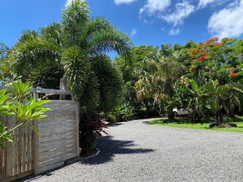 a wooden gate in a garden with palm trees at Villa bleu karaïbes in Renéville