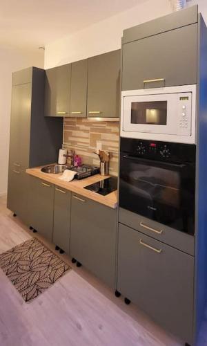 une cuisine avec une cuisinière et un micro-ondes dans l'établissement Mohd'or 3 Calais, à Calais Saint-Pierre