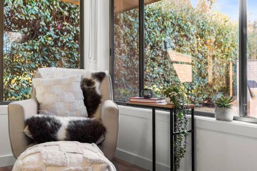 a cat sitting in a chair looking out of a window at JezOmi Hideaway - Private, spacious, close to town in Bowral