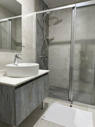 a bathroom with a sink and a shower at Nurel Shark Residence in Kérynia