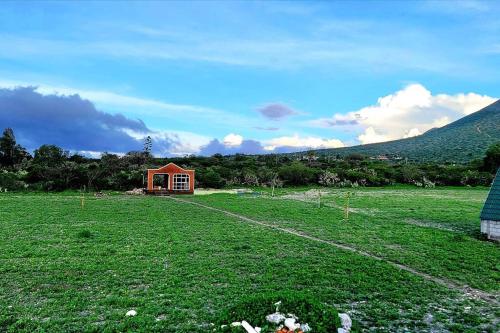 ein Haus auf einem Feld mit einem grünen Feld in der Unterkunft Cabaña Gepetto in Cardonal