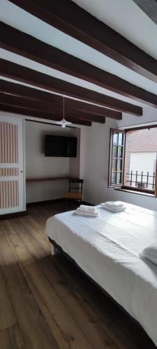 - une chambre avec un grand lit et une télévision dans l'établissement le temps d'aime, à Saint-Martin-sur-Ocre