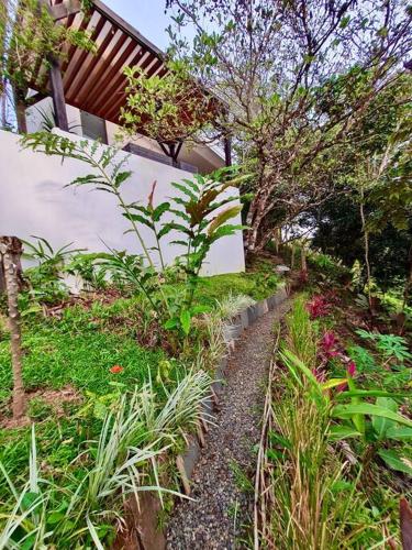 a garden with flowers and plants next to a building at luxury contemporary jungle villa in Quepos