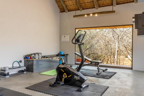 a gym with a treadmill and a bike in a room at Kusudalweni Safari Lodge and Spa in Guernsey Nature Reserve