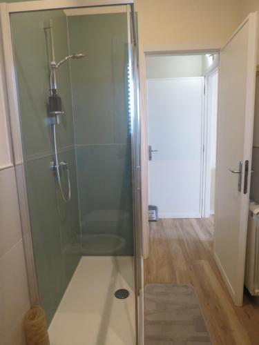 a shower with a glass door in a bathroom at Casa Vacanze “Bouganville” loc Avane Pisa in Vecchiano
