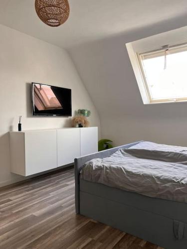 - une chambre avec un lit et une télévision sur une armoire blanche dans l'établissement Design Apartment Bali in Rödersheim-Gronau, à Rödersheim-Gronau