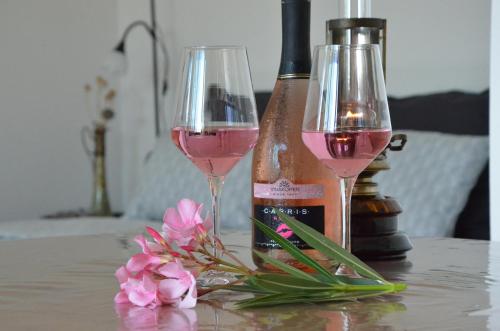 two glasses of wine and flowers on a table at Apartma Tomažič in Hrušica