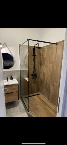 a shower with a glass door in a bathroom at Biandra Apartament in Reghin