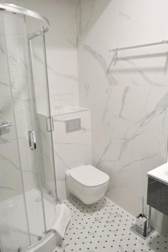 a white bathroom with a toilet and a shower at Noclegi Zakład Aktywności Zawodowej w Świerzawie in Świerzawa