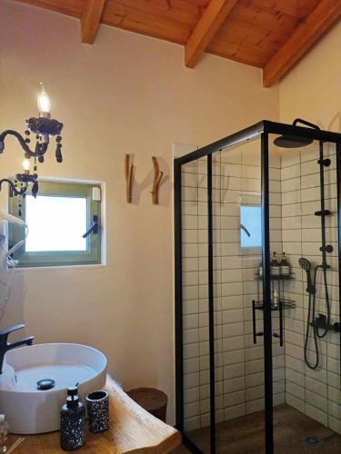 a bathroom with a tub and a glass shower at Elaia Rest House Retreat in nature in Fréngaina