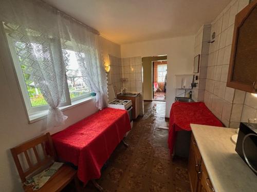 a kitchen with two red beds in a room at Kudruküla majake in Narva-Jõesuu