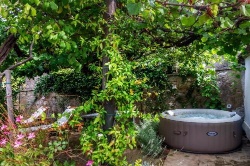 a large tub sitting under a tree in a garden at Casa Sole di Toscana con 5 camere, grande terrazza panoramica, giardino e vasca relax idromassaggio in Monterotondo