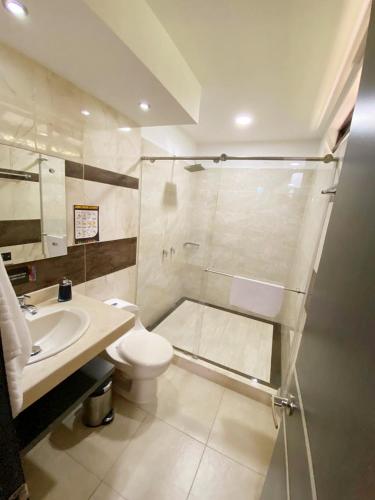 a bathroom with a shower and a toilet and a sink at Hotel Jade Spa in Santa Rosa de Cabal