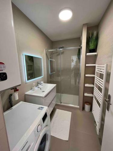 une salle de bain avec un lavabo et une machine à laver dans l'établissement Plein centre-ville T2 refait à neuf, à Aix-les-Bains