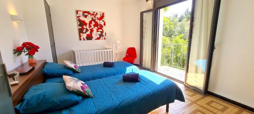 two blue beds in a room with a large window at Maison "La Fleur d'oranger" climatisée, classée 3 étoiles, jardin clos, box internet in Saint-Féliu-dʼAmont