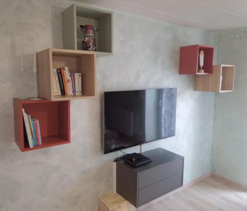 einen Flachbild-TV an der Wand mit Büchern in der Unterkunft Charme et quiétude au cœur du Haut-Jura in Lamoura