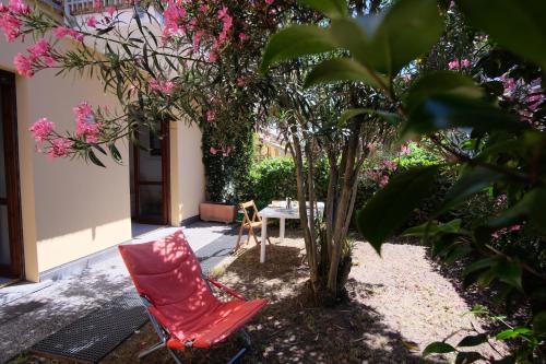 a red chair sitting next to a tree with pink flowers at Zarina in Pallanza