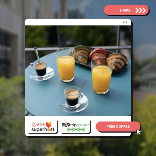 une photo de deux verres de café et d'une assiette de nourriture dans l'établissement Full Appartment - Paris Porte de Versailles, à Issy-les-Moulineaux