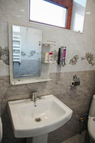 a white sink in a bathroom with a mirror at თოია in Kvareli