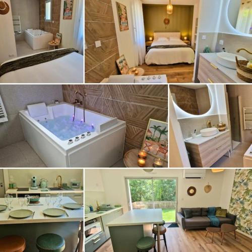 un collage de photos d'une salle de bain et d'une chambre dans l'établissement Green love & Spa - Villa Romantique, à Saint-Laurent-de-Médoc