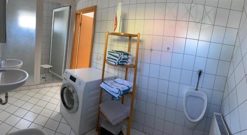 a bathroom with a washing machine and a sink at Ferienwohnung Hainspitz Longstay in Hainspitz
