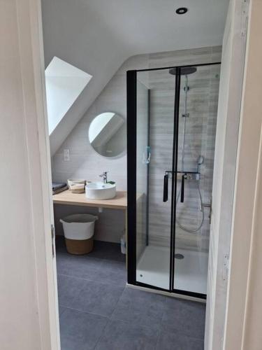 une salle de bain avec douche et lavabo dans l'établissement Le Gîte de Valentine, à Melrand