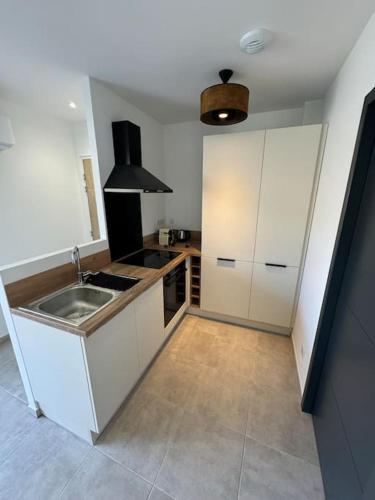 une cuisine avec un évier et un plan de travail dans l'établissement Appartement neuf centre du village, à Le Puy-Sainte-Réparade