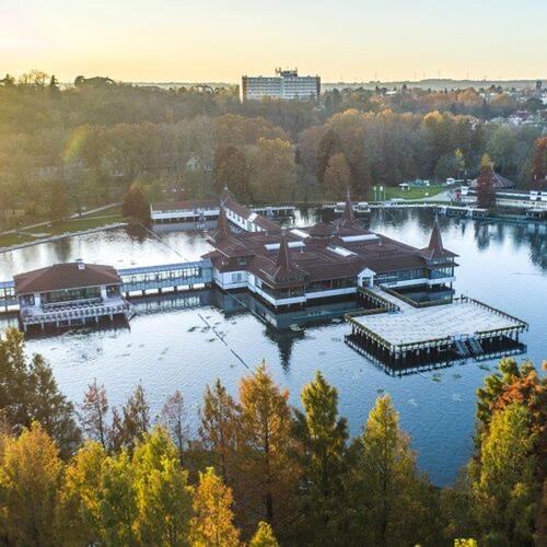 an aerial view of a dock on a lake at Római Home in Hévíz