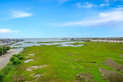 an aerial view of a grassy field next to the water at Comfort Inn Gold Coast in Ocean City