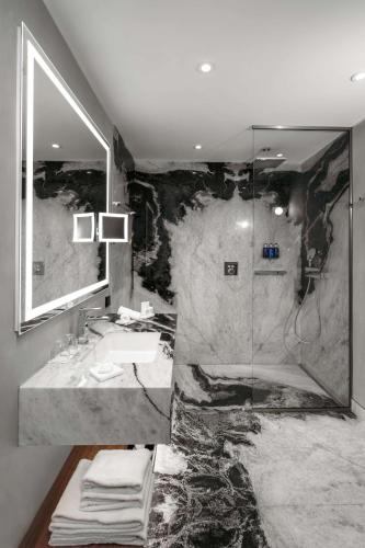 a bathroom with a sink and a shower at Radisson Blu Aurum Hotel, Brasov in Braşov
