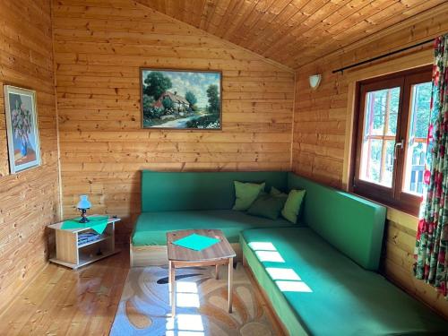 a room with a green couch in a log cabin at Srub na samotě Mokřinky in Staré Těchanovice
