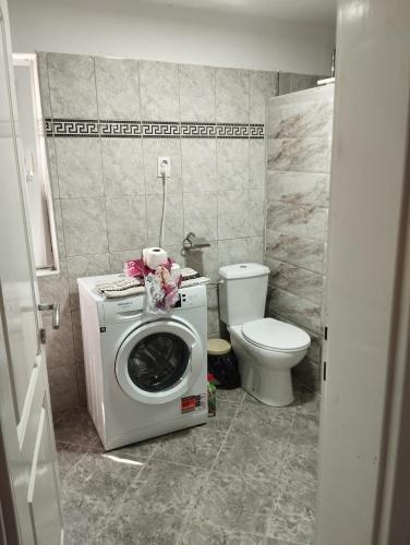 a bathroom with a washing machine and a toilet at Amarillys in Donji Morinj